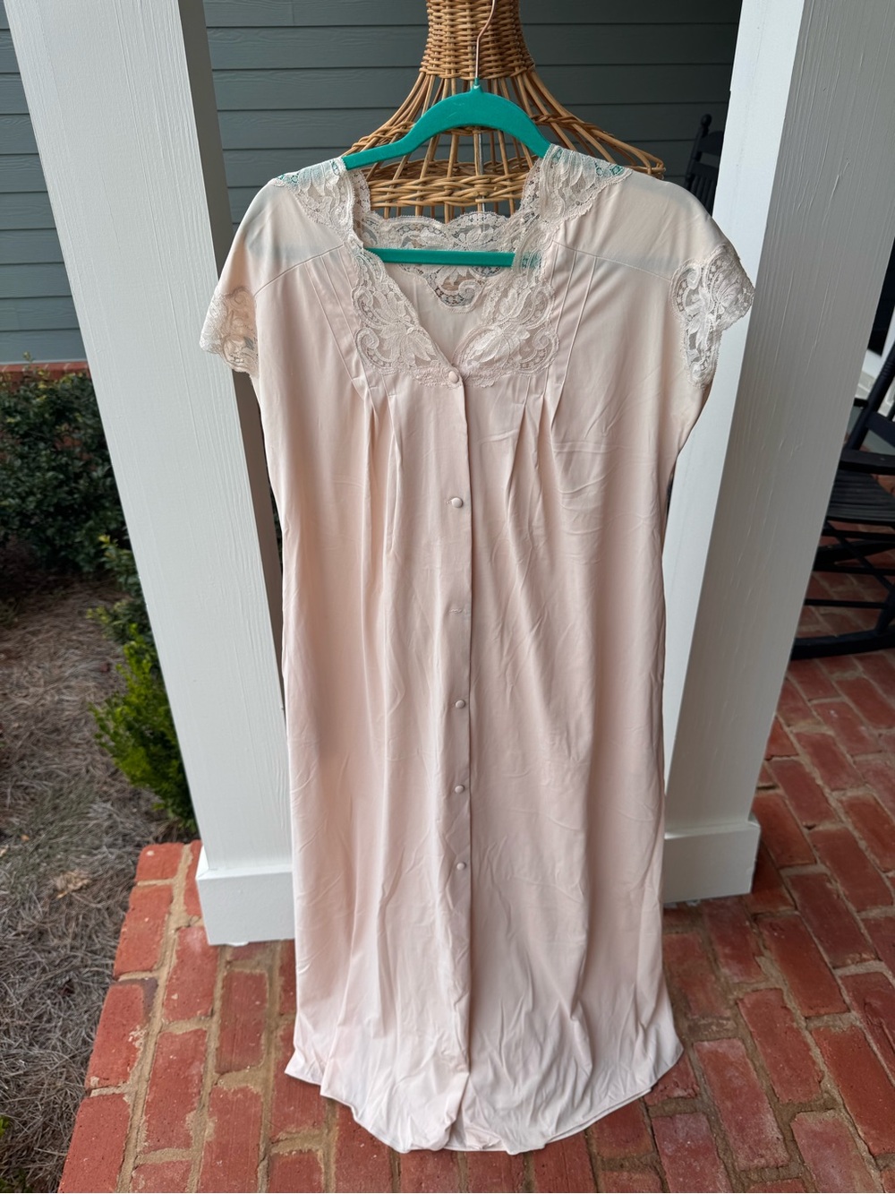 Vintage 70s Shadowline Nightgown M Blush Pink Lace Nylon Made USA